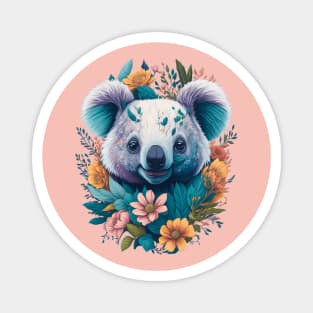 Cute laughing Koala bear with florals and foliage t-shirt design, apparel, mugs, cases, wall art, stickers, travel mug Magnet